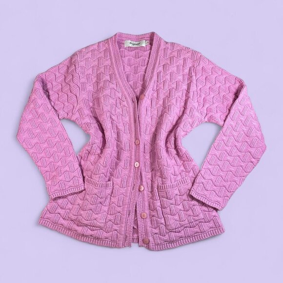 Vintage 90s Pink Waffle Knit Cardigan – Companion L, Pockets, V-Neck - Picture 1 of 7